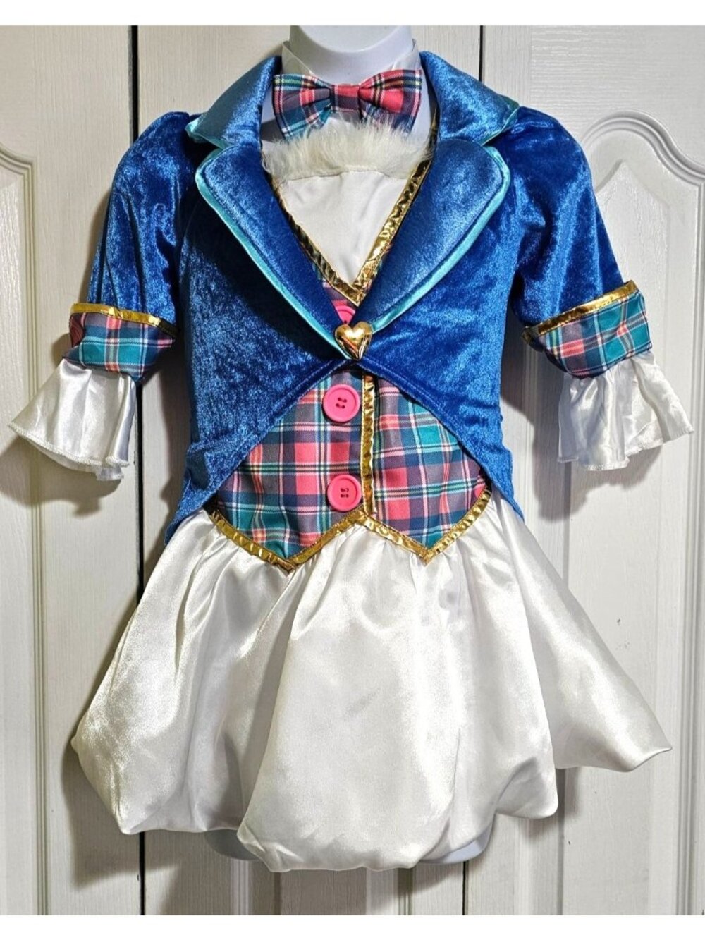 White Rabbit Down the Rabbit Hole Costume Girl 8 Dress Ear Hat Clock Watch Prop - Picture 2 of 10